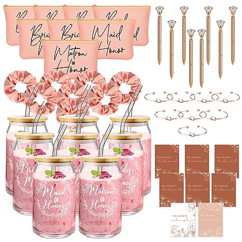 Irenare 48 Pcs Bridesmaid Proposal Gifts Maid of Honor Gifts Bridal Shower 16oz Glass Cups Cosmetic Makeup Bags Invited Cards Scrunchies Hair Knotted Bracelets Diamond Pens (Rose Gold,Basic Style)