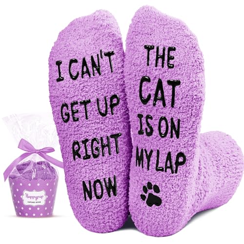 HAPPYPOP Funny Cat Lover Gifts for Women Mom, Novelty Cat Socks Crazy Silly Fun Purple Fuzzy Socks Gifts for Her