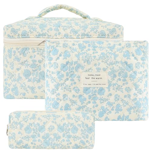 Grenben 3 PCS Cotton Quilted Makeup Bag,Floral Quilted Makeup Bag Set,Cute Cosmetic Bag for Women Pouch Bag,Lightweight Travel Toiletry Organizer Bag,Valentine Gifts