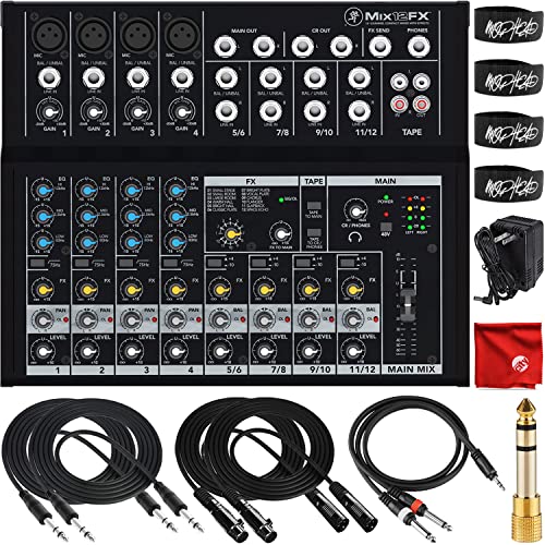 Mackie Mix12FX 12-Channel Compact Effects Mixer Bundle with 2x Mophead 10-Foot TRS Cable, 2x 10-Foot XLR Cable, 3-Foot 1/4' to 3.5mm TS Cable, 1/4' to 3.5mm Adapter, 4x Cable Ties, Microfiber Cloth