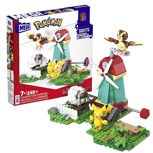 MEGA Pokemon Action Figure Building Toy Set, Countryside Windmill with 240 Pieces, Motion and 3 Poseable Characters, Gift Idea for Kids