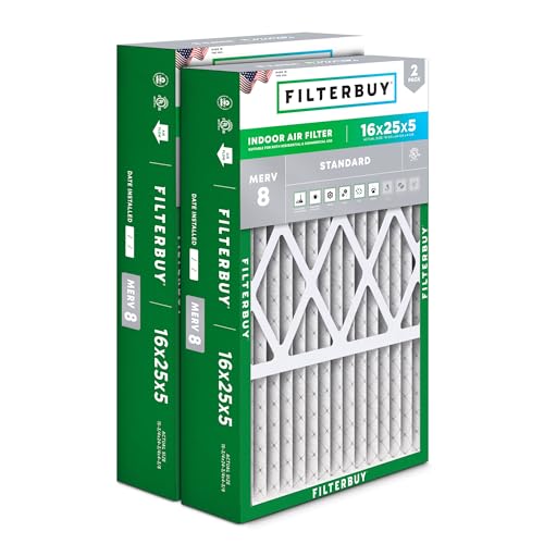 Filterbuy 16x25x5 Air Filter MERV 8 Dust Defense (2-Pack), Pleated HVAC AC Furnace Air Filters for Honeywell FC100A1029, Lennox X6670, Carrier, Bryant, & More (Actual Size: 15.75 x 24.75 x 4.38)