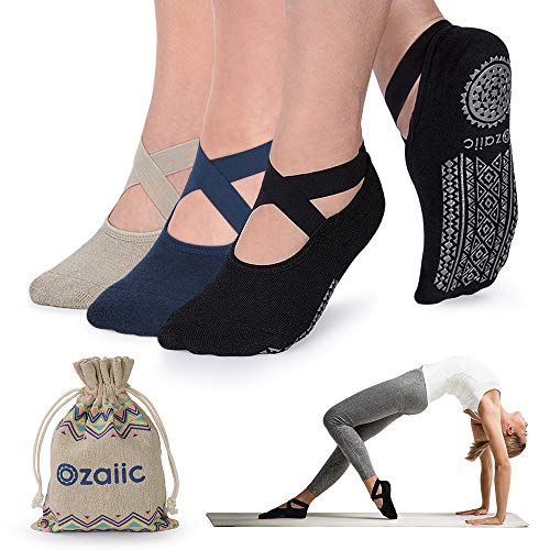Ozaiic Non Slip Socks for Yoga Pilates Barre Fitness Hospital Socks for Women (3 Pairs - Olive Green/Black/Navy)