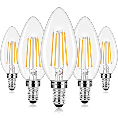 E12 LED Candelabra Bulbs 40 Watt Equivalent, 4W Vintage Candle Light Bulbs, 470Lm Warm White 2700K Edison Bulbs for Ceiling Fan, Filament Clear Glass Type B Lamp Bulbs for Chandelier (5 Packs)