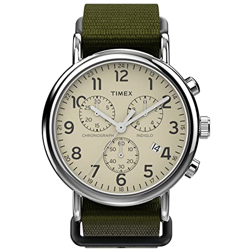 Timex Men's Weekender Chronograph 40mm Watch – Silver-Tone Case Cream Dial with Green Fabric Slip-Thru Strap