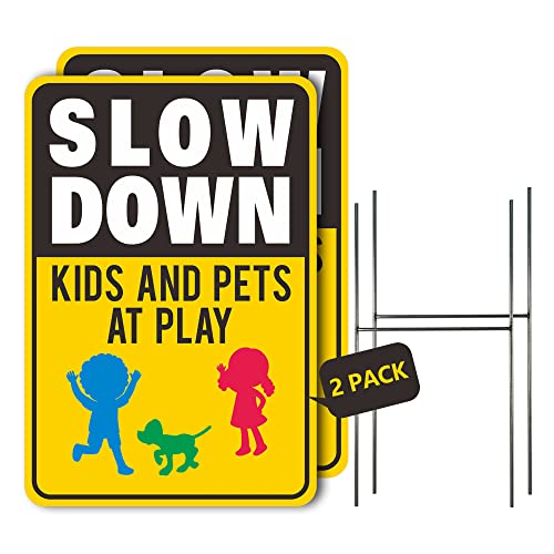 Slow Down Signs 2 Pack 17.8'x12' Slow Down Kids At Play Sign, Double Sided Slow Down Kids and Pets at Play Yard Signs With Metal Stakes, Weatherproof, 900g/m² Superhard Corrugated Plastic