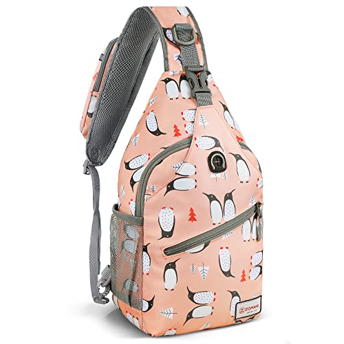 ZOMAKE Sling Bag, Penguin Pink, Nylon, 5 Separate Compartments, 10' iPad Compartment, Anti-Theft, Adjustable Reversible Shoulder Strap, Water Resistant