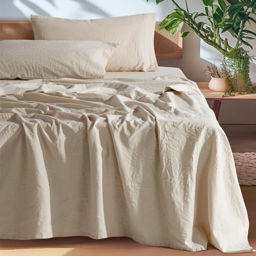 SONORO KATE 100% French Pure Linen Sheets, Breathable and Durable Line King Size Sheets, Anti-Tear Line Bed Sheets, Machine Washable, 16 Inch Deep Pocket - 4 Piece (Natural Linen, King)