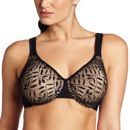 Olga Women's Sheer Leaves Minimizer Bra, Black and French Toast, 38DD