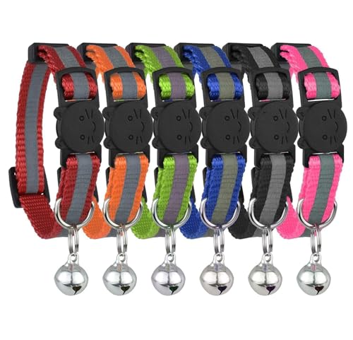 Upgraded Version - Reflective Cat Collar with Bell, Set of 6, Solid & Safe Collars for Cats, Nylon, Mixed Colors, Pet Collar, Breakaway Cat Collar Charms, Free Replacement