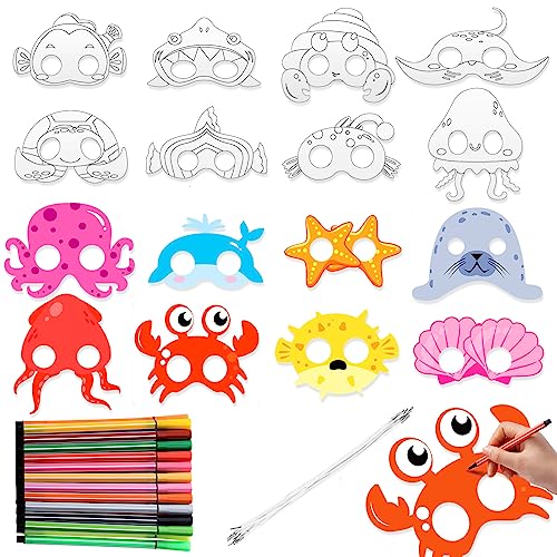 Aoriher 16 Pcs Ocean Animals Masks with 24 Pcs Colored Markers Under The Sea DIY Coloring Paper Masks Sea Party DIY Craft Kits for Ocean Theme Animal Activity Costume Cosplay