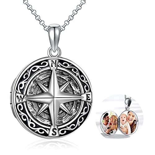 SHEAISRS Compass Locket Necklace for Men Graduation Gifts Photo Locket Necklace Women Son Father 20+2inch