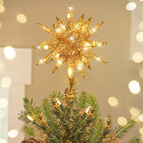 Luxspire Christmas Tree Topper, 3D Star Lighted Tree Topper, Christmas Decorations, Plug in Christmas Tree Topper with Timer, Light Up Xmas Vintage Modern Ornaments Decor Lights for Home Party, Gold