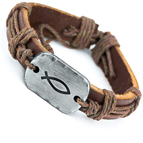 Soul Statement Sign of the Fish Men's Leather Wrap Bracelet for Teen Boys (Brown Fish)