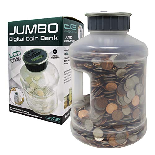 Jumbo Digital Coin Counter Bank - Extra Large Savings Jar for Pennies Nickles Dimes Quarters Half Dollar and Dollar Coins | Clear Jar w/LCD Display