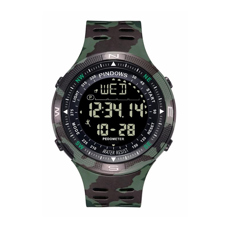 PINDOWS Watches for Men, Outdoor 50M Waterproof Military Watch Date LED Backlighting Alarm Stopwatch, Pedometer, Calorie Counter, Multifunctional Army Sports Digital Watch for Men.