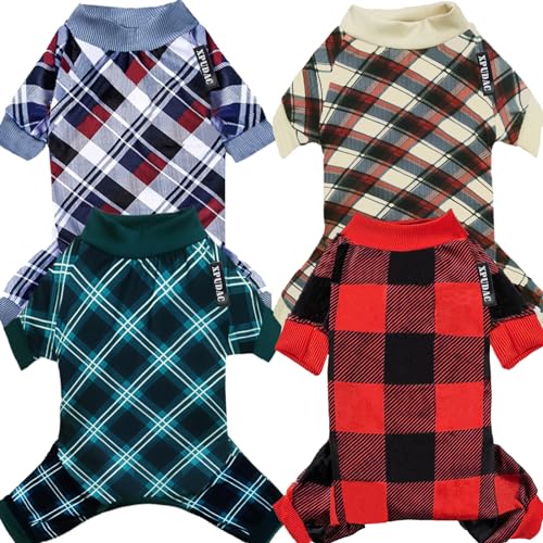 XPUDAC 4 Pack Dog Pajamas for Small Dogs Cats Plaid Dog Clothes Puppy Onesies Dog Christmas Pajamas Puppy Jumpsuits Pet Pjs Shirt Apparel (X-Large, Red Green Khaki Grey