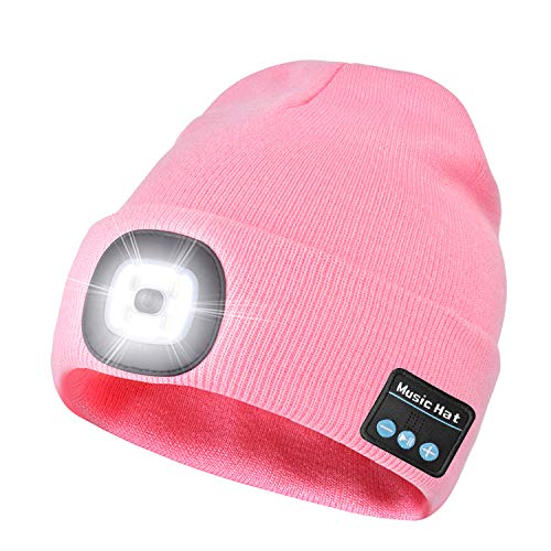 Unisex Bluetooth LED Beanie Hat with Light, Built-in Stereo Speaker and Mic,Headlamp Headphone Beanie,Gifts for Men&Women,Winter Warm Knit Cap for Sports Outdoors(Pink)