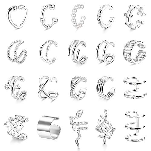 FIBO STEEL 20Pcs Ear Cuffs Earrings Set for Women Non-Piercing Dainty Cartilage Ear Clip On Wrap Earring Set Adjustable Silver Plated