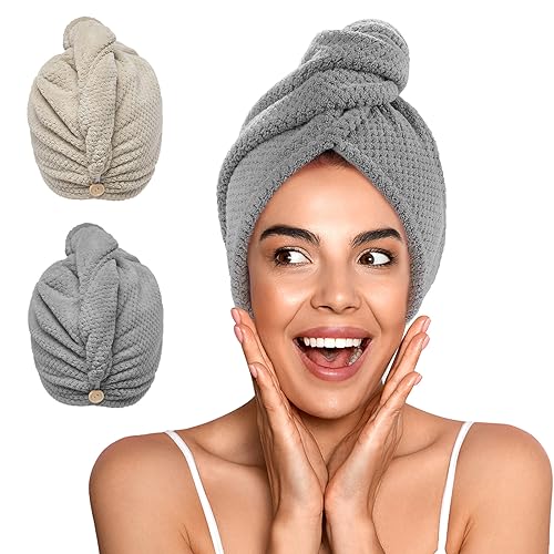 YFONG 2 Pack Microfiber Hair Towel Wrap for Women, Super Absorbent Quick Dry Hair Turban for All Hair Style Anti Frizz, Large Hair Drying Towel with Button