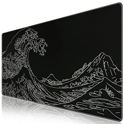 iCasso Black Gaming Mouse Pad, Large Gaming Mousepad, XXL Big Rubber Base Mouse Mat with Stitched Edges, Computer Keyboard Desk Pad for Work, Game, Office, Home - Black Wave of Kanagawa