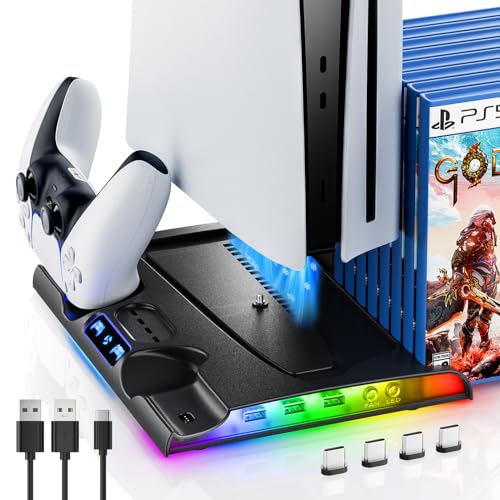 PS5 Slim Stand Cooling Station with Controller Charging Station for Playsation 5 Slim, PS5 Slim Accessories Kits with Cooling Fan,RGB LED,and Game Slot