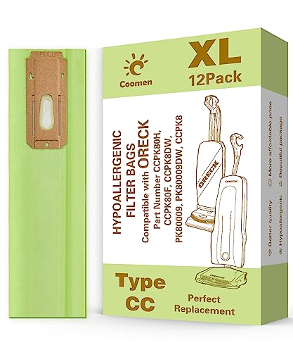 12 Pack Great Compatible with Oreck XL Vacuum Bags, Hypoallergenic Fits All Oreck XL Upright Vacuums, Filter Type CC Vacuum Bags.