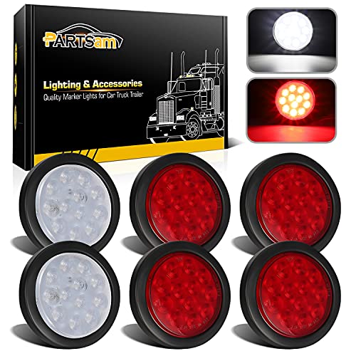 Partsam 6Pcs 4 Inch Round LED Trailer Tail Lights Kit - Round Led Stop Turn Tail Back-up Reverse Fog Lights 12 LED Include Lights Grommet 3-Prong Wire Pigtails for Truck Trailer RV(4 Red + 2 White)