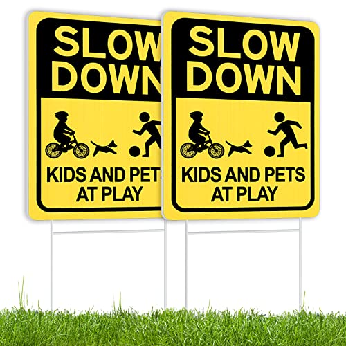 Slow Down Sign With Metal Stake 2Pack, Kids and Pets at Play Sign,16' x 12' Corrugated Plastic Double Sided Yard Sign, Child Safety Caution Signs, Children Sign for Street, Lawn Neighborhoods