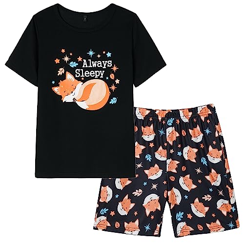 Hupohoi Big Girls Short Sleeve Pajama Sets 2PCS Cartoon Sleepwear Funny Sleepy Fox Patterns Nighty Cotton Jammies, Sleepy-Fox, 14