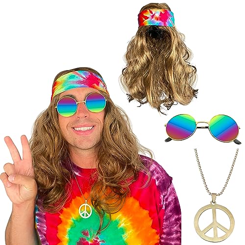 Watt's Wigs - Hippie Costume Set, Brown Wig, Tie Dye Headband, Rainbow Sunglasses, and Peace Medallion Necklace - 60s or 70s Hippy Woodstock Cosplay