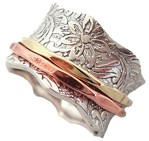 ENERGY STONE 925 Sterling Silver BALANCE & BEAUTY Meditation Spinner Ring Brass & Copper Spinners Leaf Pattern Base Ring (Style USA88)