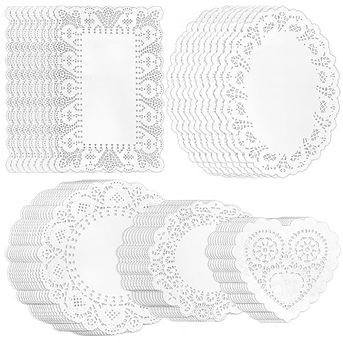 GothaBach 350PCS paper doily lace, various sizes, food-grade modern decorative in bulk, add elegance to crafts, coffee, cakes, desserts, dining tables, weddings (Heart-shaped round rectangle oval whit