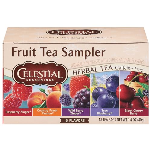 Celestial Seasonings Fruit Tea Sampler Herbal Variety Pack, Caffeine Free, 18 Tea Bags Box