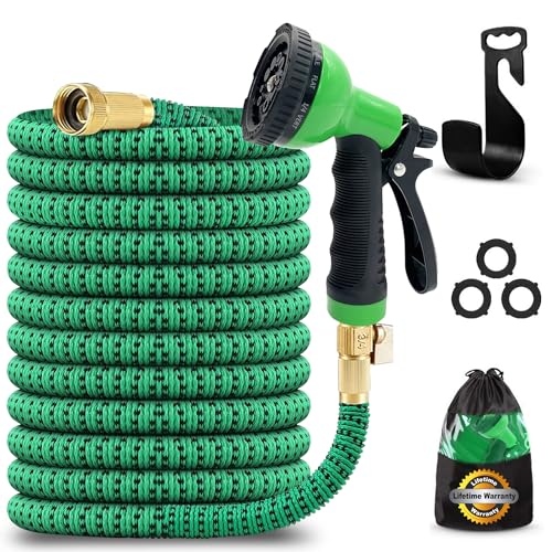J&B XpandaHose 100ft Expandable Garden Hose with Holder - Heavy Duty Superior Strength 3750D - 4 -Layer Latex Core - Extra Strong Brass Connectors and 10 Spray Nozzle w/Storage Bag (Green 100)