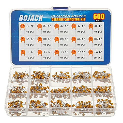 BOJACK 15 Type Values 600Pcs Ceramic Capacitor Assortment Kit Capacitors from 10pf to 100nF in a Box