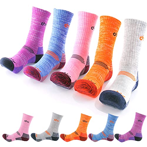 DEARMY Hiking Socks for Women/Men with Cushioned Moisture Wicking Sport Athletic Running Cotton Crew Socks-(5Pairs)(Small (Shoe Size: 6-8)-Orange/Grey/Purple/Blue/Pink