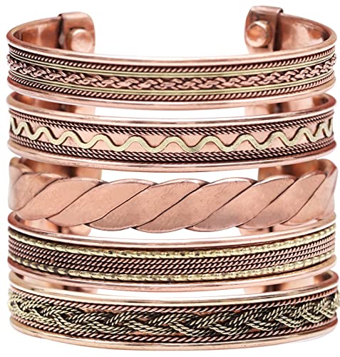 Crocon Tibetan Copper Adjustable Bangle Bracelets set of 5 Indian pattern Unisex Yoga Jewelry Spiritual Gorgeous Collection Ideal Gift