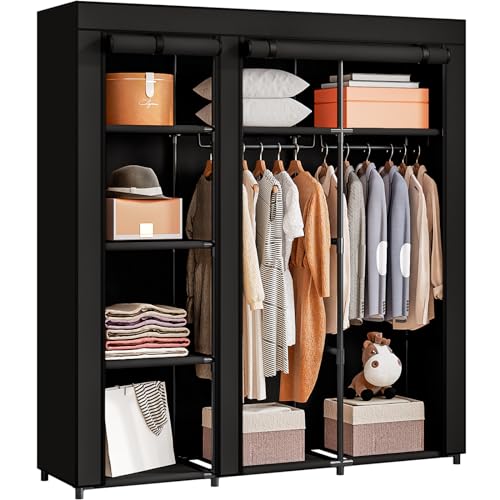 SORCEDAS Portable Wardrobe Closet Storage Organizer Metal Hanging Rack Non-Woven Fabric (Black, 51 Inch)