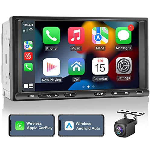 Double Din Car Stereo Radio Wireless CarPlay & Wireless Android Auto, 7in Touchscreen Car Audio Receiver with Bluetooth,Rearview Camera,AM/FM, GPS Navigation,Mirror Link,Subwoofer,USB/AUX/SWC