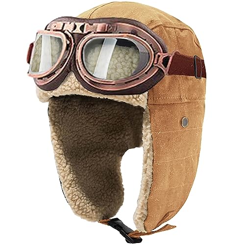 Peicees Vintage Aviator Hat and Goggles Costume Accessories Fur Ear Flaps Trooper Trapper Pilot Cap for Men Women