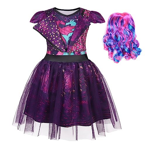 WonderBabe Mal Costume for Girls Descendants Kids Birthday Party Supplies Outfits Popular Musical Cosplay Halloween Tulle Mesh Dress with Wig size 7 8t