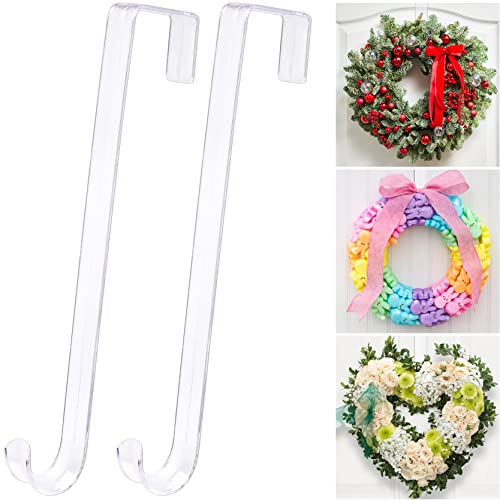 12' Clear Wreath-Hanger Non Scratch Over The Door Hooks,2 Pack Wreath-Door-Hanger Easter Halloween Christmas Decoration,Welcome Sign for Front Door Décor Inside Outside,Slim Hangers Organizer for Home