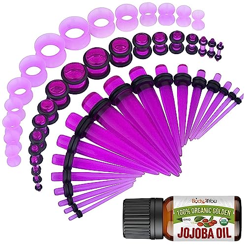 BodyJ4You 54PC Ear Stretching Kit 14G-12mm - Aftercare Jojoba Oil - Transparent Purple Acrylic Plugs Gauge Tapers Silicone Tunnels - Lightweight Expanders Men Women
