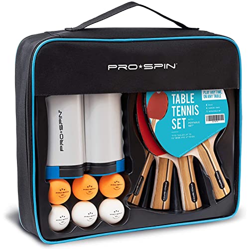 PRO-SPIN All-in-One Portable Ping Pong Paddle Set (4-Player) | Table Tennis Set | Retractable Ping Pong Net (Up to 72' Wide) | Premium Paddles | 3-Star Balls | Storage Case | Game Table | Gift