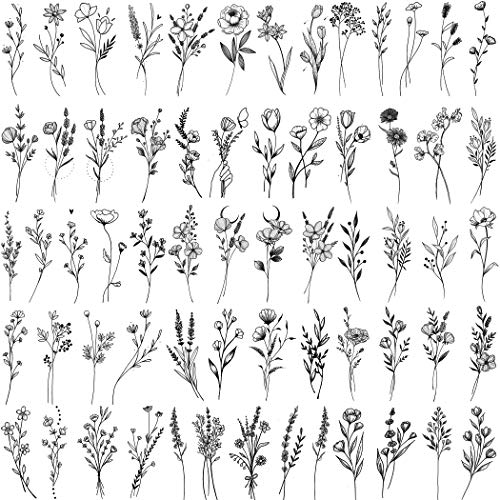 15 Sheets FANRUI Tiny Branch Black Flower Temporary Tattoos For Women Girl Floral Bouquet Small Tattoo Temporary Wild Plant Lavender Sweet Pea Larkspur Fake Tatoo Adults Face Hands Kids Kit Sticker