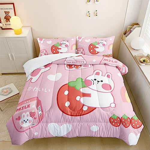 QOOMO Strawberry Rabbit Comforter Set for Kids Teens Girls Women,Pink Bunny Kids Comforter,1 Comforter with 2 Pillowcase, Microfiber 3 Piece Bedding Set,for All Seasons(Pink，Queen Size)