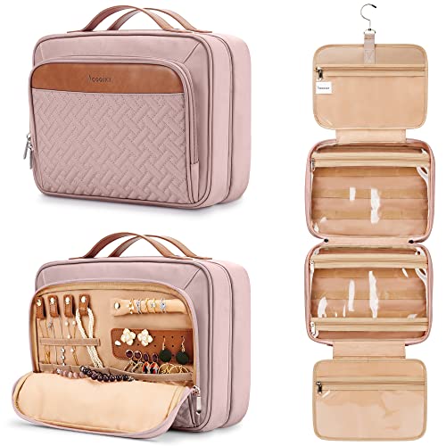 Travel Hanging Toiletry Bag for Women, Extra Large Makeup Bag, Holds Full-Size Shampoo, with Jewelry Organizer Compartment, Waterproof Cosmetic Bag, Toiletries Kit Set with Trolley Belt, Baby Pink