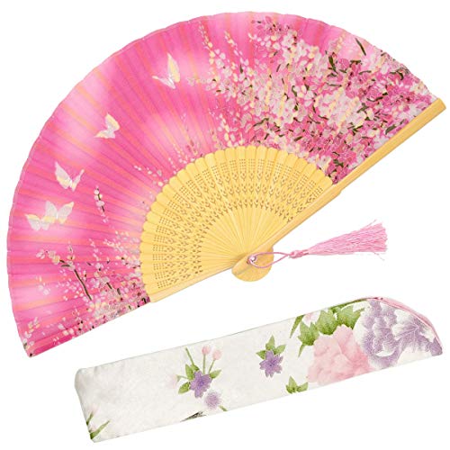 OMyTea Women Hand Held Silk Folding Fans with Bamboo Frame - With a Fabric Sleeve for Protection for Gifts - Sakura Cherry Blossom Pattern (WZS-3)