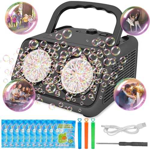 Automatic Bubble Machine,Bubble Blower with 2 Fans 20000+Bubbles Per/Min,Electric Bubble Maker for Kids Toddlers,Operated by Plug-in or Batteries,with 10xBubble Solution,Bubble Toys for Outdoor